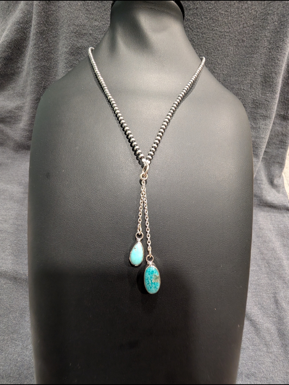 Sterling Silver Beaded Necklace with Turquoise Dangle Pendants - Blue